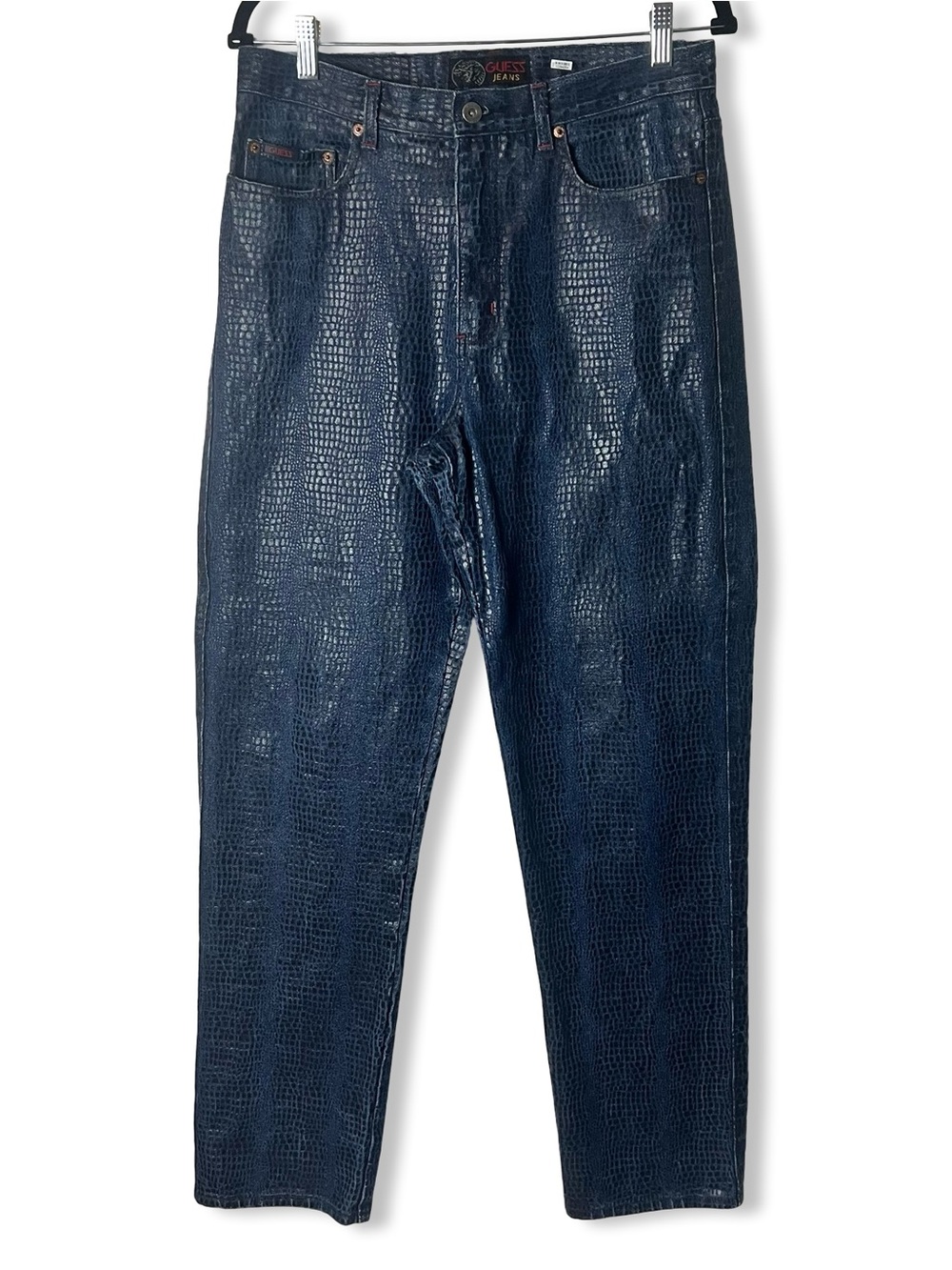 Vintage 90s Guess Jeans Blue Snake Print Coated Straight Leg Denim Sz. 33